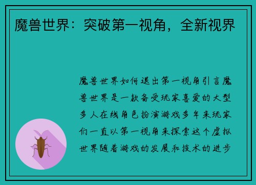 魔兽世界：突破第一视角，全新视界